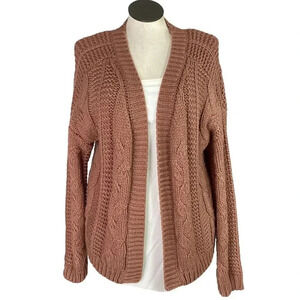 POL Boyfriend Cardigan Sweater Women M Brown Cable Knit Long Sleeve Open Chunky